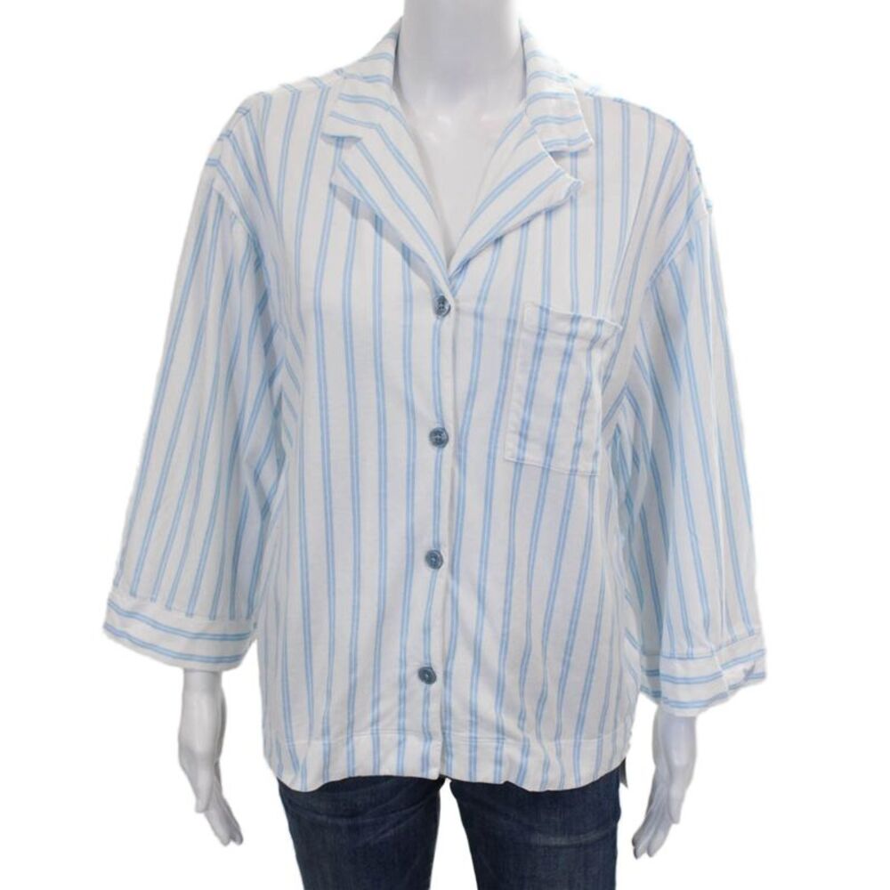 Petite Plume Womens Striped Pajama Shirt White Blue Cotton Size Small